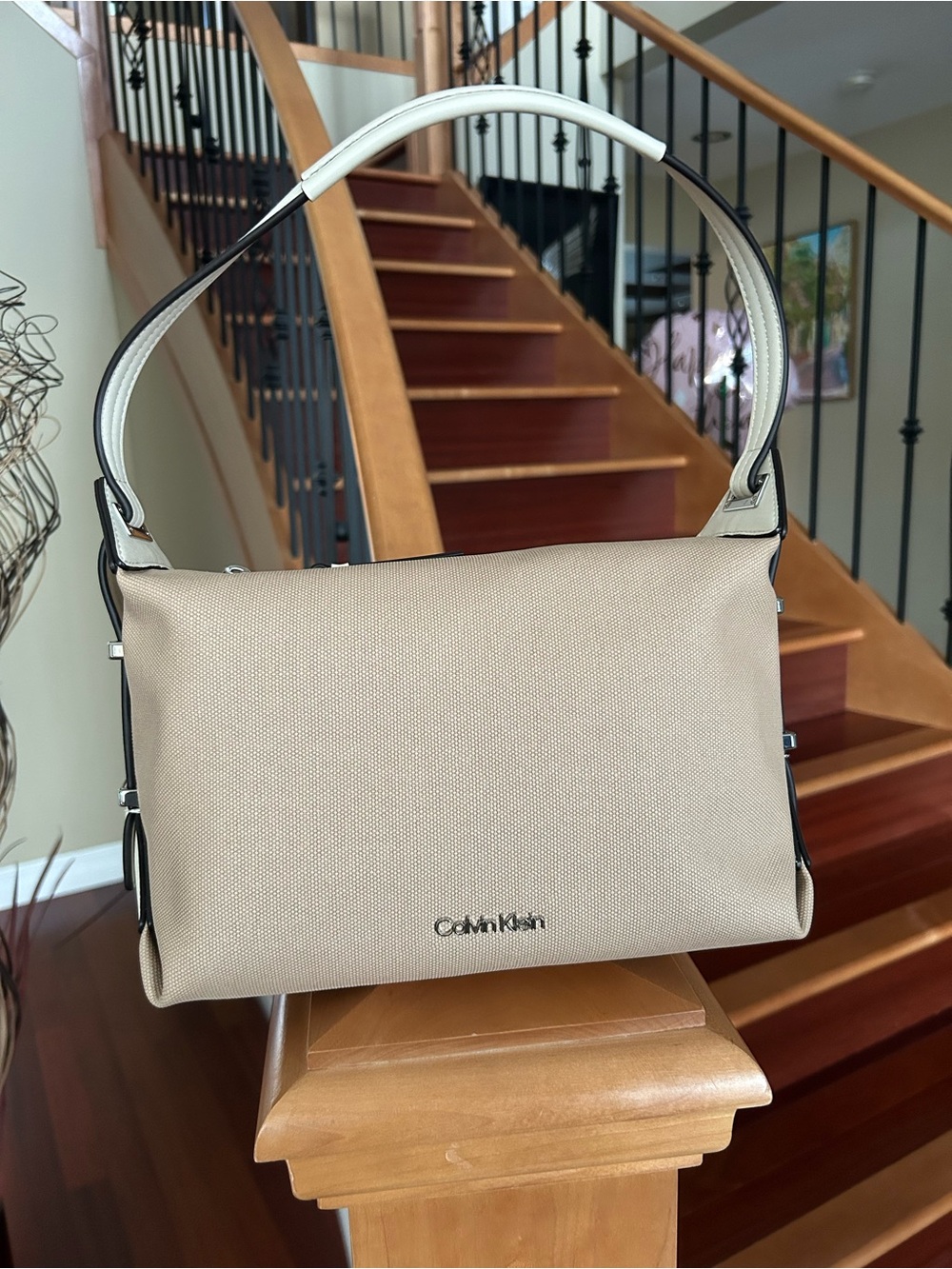 Calvin Klein Taupe Shoulder Bag with Cream Handle